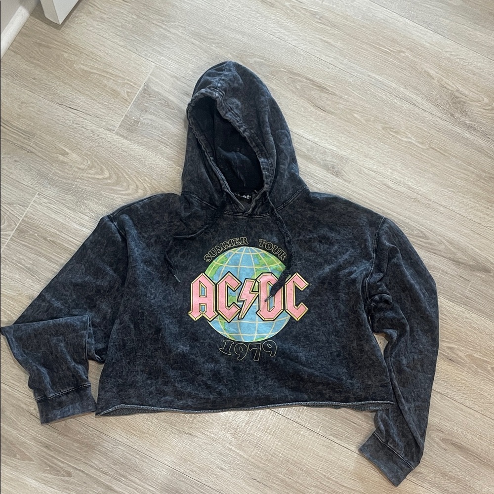 AC/DC Black Washed Cropped Hoodie with Globe Graphic